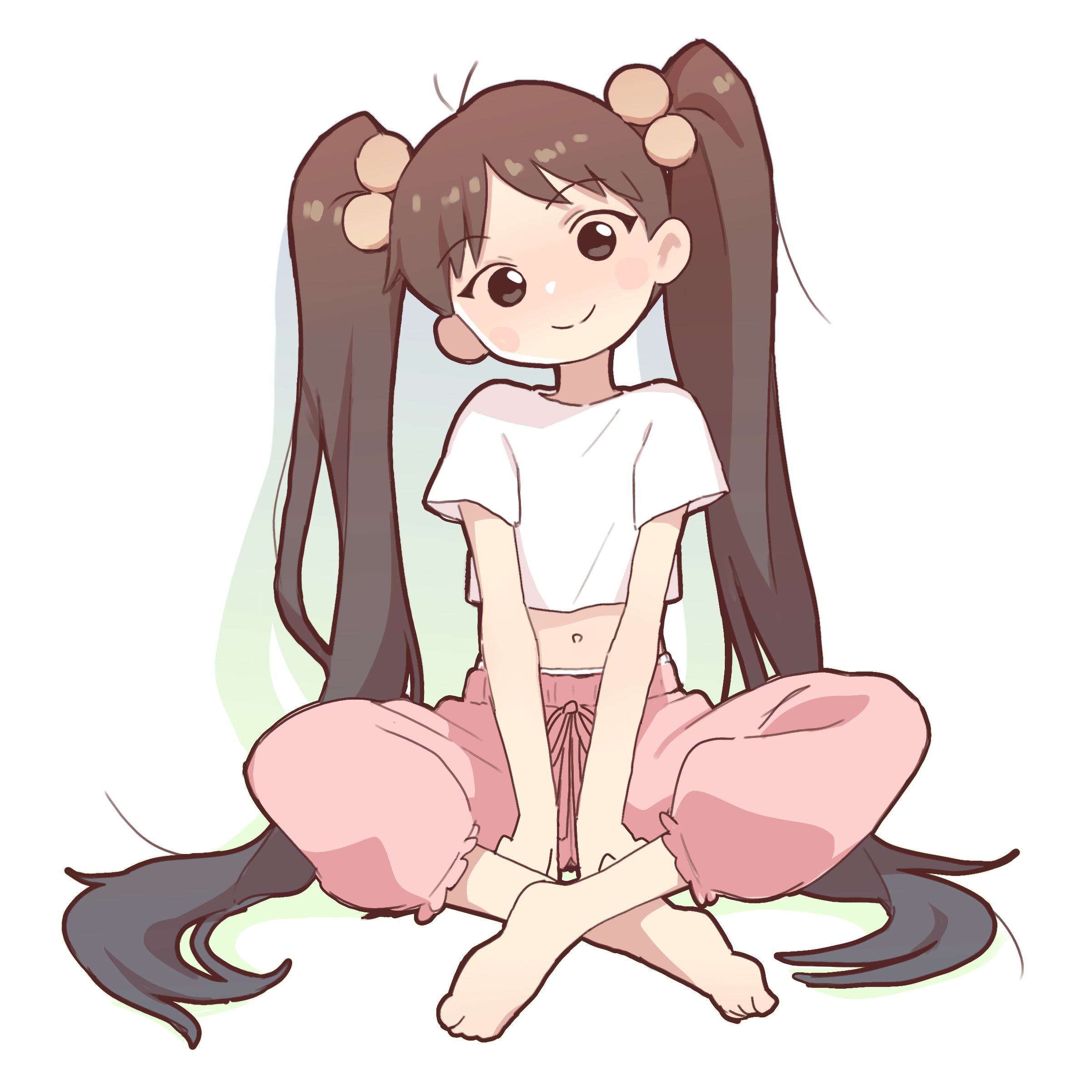 orenjipiiru, original, absurdres, commentary, highres, 1girl, barefoot, brown eyes, brown hair, capri pants, closed mouth, cropped shirt, drawstring, hair bobbles, hair ornament, indian style, long hair, looking at viewer, midriff, navel, pants, pink pants, shirt, short sleeves, simple background, sitting, smile, solo, toes, twintails, very long hair, white background, white shirt