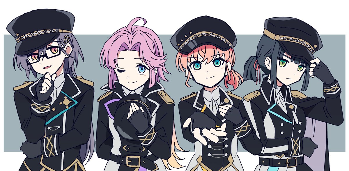 nogreen, anyoji hime, hinoshita kaho, katsuragi izumi, momose ginko, link! like! love live!, love live!, project sekai, alt text, commentary, 2girls, alternate costume, black-framed eyewear, black cape, black gloves, black hair, black hat, black jacket, blue eyes, buttons, cape, closed mouth, collared jacket, crossed bangs, double-breasted, expressionless, fingerless gloves, glasses, gloves, green eyes, grey background, grey hair, hair ornament, hair ribbon, hat, holding, holding unworn clothes, holding unworn hat, jacket, jellyfish cut, knock the future!! (project sekai), long sleeves, looking at viewer, low ponytail, low side ponytail, matching outfits, multiple girls, offering hand, orange eyes, orange hair, outside border, ponytail, princes (love live!), red ribbon, ribbon, semi-rimless eyewear, shirt, short ponytail, short sidetail, simple background, smile, split mouth, triangle hair ornament, under-rim eyewear, unworn hat, unworn headwear, white shirt