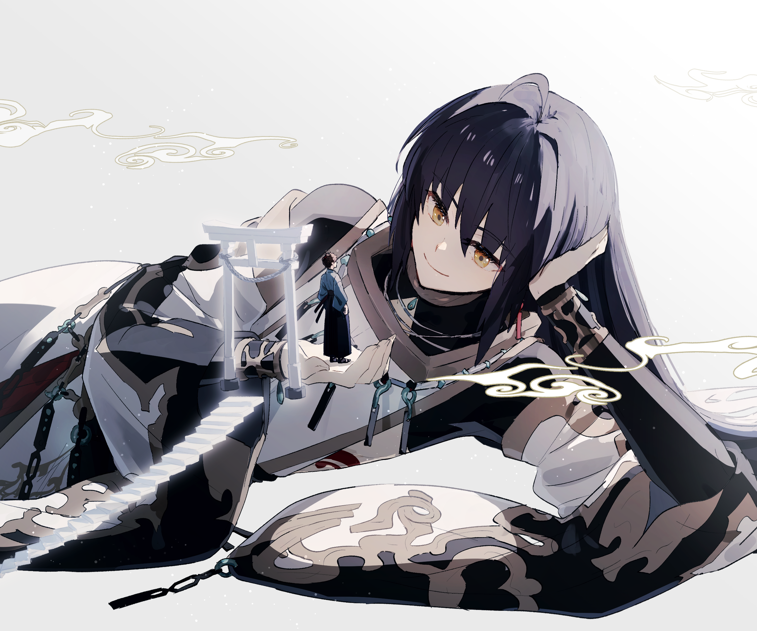 ninjin (ne f g o), miyamoto iori (fate), yamato takeru (fate), yamato takeru (third ascension) (fate), fate/grand order, fate (series), commentary request, highres, 1boy, 1other, ahoge, androgynous, armrest, black hair, black hakama, blue kimono, body markings, bracelet, choker, detached sleeves, earrings, floating earrings, floating stairs, giant, hair between eyes, hair down, hair intakes, hakama, head rest, japanese clothes, jewelry, katana, kimono, long sleeves, lying, nagatekkou, necklace, on side, sheath, sheathed, simple background, size difference, stairs, sword, topknot, torii, waraji, weapon, white background, wide sleeves, yellow eyes