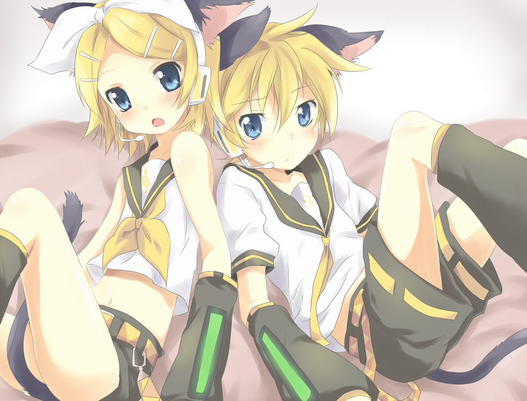 maruki (punchiki), kagamine len, kagamine rin, vocaloid, bad id, bad pixiv id, 1boy, 1girl, animal ears, blonde hair, blue eyes, blush, brother and sister, cat ears, cat tail, detached sleeves, hair ornament, hairclip, headset, kemonomimi mode, school uniform, serafuku, shorts, siblings, tail, twins