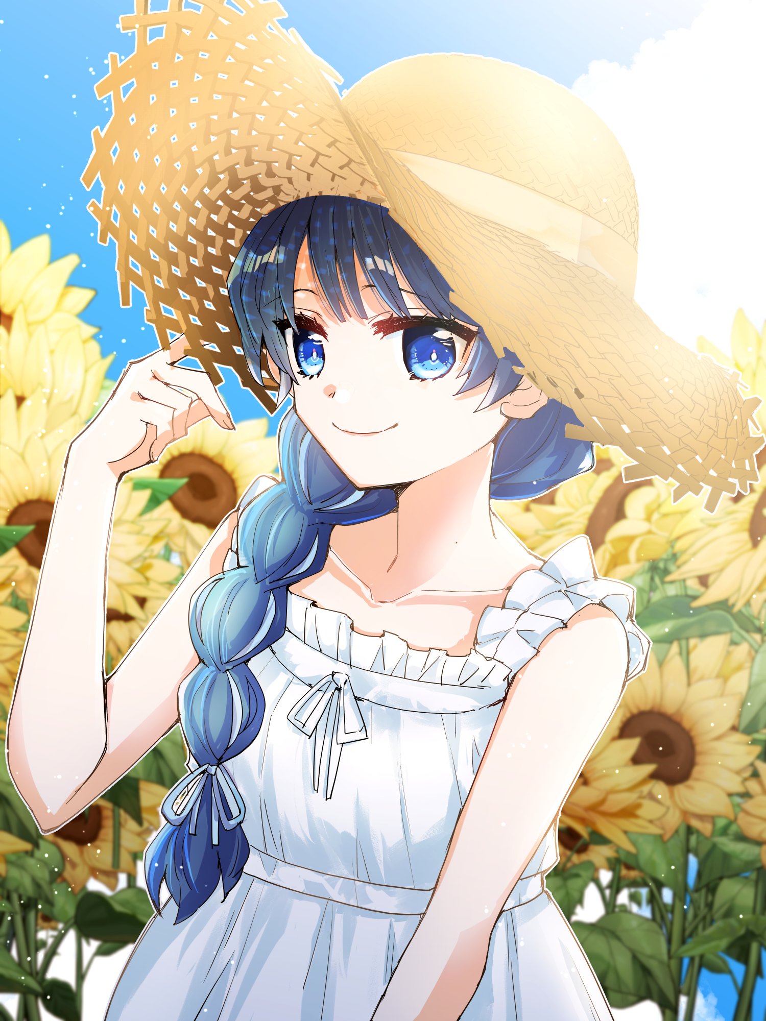 kanduki kamibukuro, murano sayaka, link! like! love live!, love live!, commentary request, highres, 1girl, blue eyes, blue ribbon, blue sky, braid, brown hat, closed mouth, cloud, collarbone, day, dress, field, flower, flower field, frilled dress, frills, hair over shoulder, hair ribbon, hat, light particles, murano sayaka (very! very! coconatsu casual), official alternate costume, outdoors, ribbon, ribbon braid, sky, sleeveless, sleeveless dress, smile, solo, straw hat, sunflower, sunflower field, upper body, virtual youtuber, white dress, yellow flower