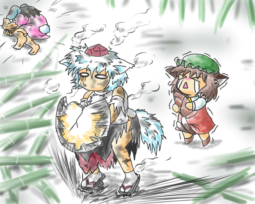 bit (kksbit), chen, inaba tewi, inubashiri momiji, dragon ball, dragonball z, touhou, bit, bad id, bad pixiv id, > <, 3girls, :<, animal ears, bamboo, bamboo forest, between legs, broken shield, cat ears, cat girl, cat tail, closed eyes, death, detached sleeves, female focus, forest, geta, meme, multiple girls, nature, no mouth, open mouth, parody, rabbit ears, rabbit tail, sandals, scared, shield, smoke, tail, tail between legs, tears, tengu-geta, torn clothes, trembling, triangle mouth, wolf ears, wolf tail, yamcha pose (meme)