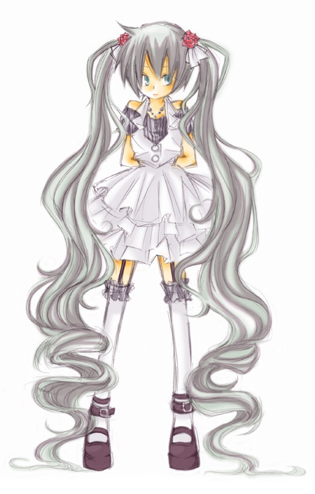 sakuragi rin, hatsune miku, vocaloid, 1girl, aqua eyes, aqua hair, cross, female focus, flower, frills, garter straps, jewelry, long hair, necklace, pleated skirt, skirt, solo, thighhighs, twintails