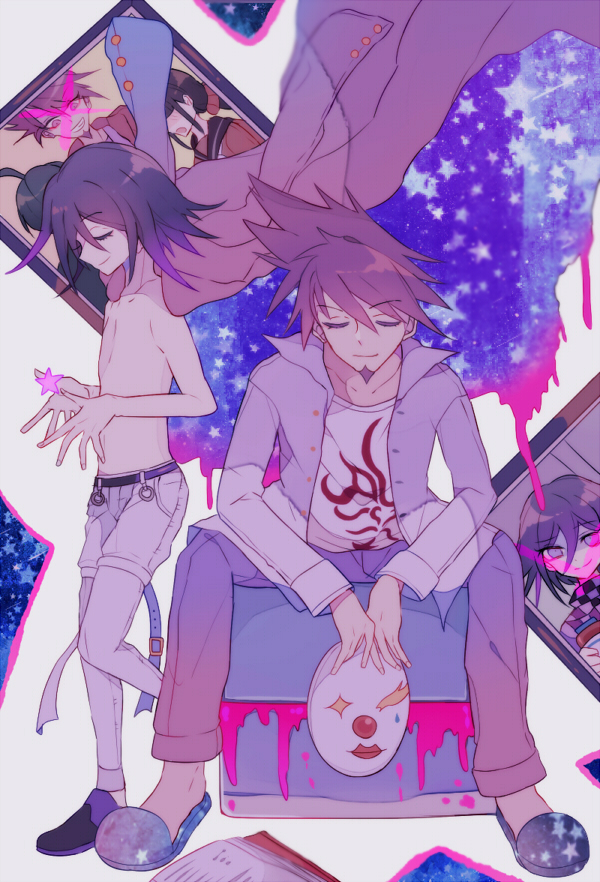 sakura (fein5862817), harukawa maki, momota kaito, oma kokichi, saihara shuichi, danganronpa (series), danganronpa v3: killing harmony, commentary request, spoilers, 2boys, arguing, belt, belt buckle, black belt, black shoes, blood, blood drip, blue coat, blue slippers, buckle, cape, closed eyes, closed mouth, clown mask, coat, coat on shoulders, collarbone, collared jacket, colored tips, denim, dress shoes, faceless, faceless female, facial hair, flame print, floating clothes, full body, goatee, grey jacket, hair between eyes, happy, holding, holding mask, hydraulic press, iei, jacket, jeans, long sleeves, male focus, mask, multicolored hair, multicolored shoes, multiple boys, no nipples, object floating above hand, open belt, open clothes, open jacket, pale skin, pants, pectorals, photo (object), pink blood, pointy nose, print cape, print shirt, print slippers, purple coat, purple hair, purple pants, purple shoes, sad, shirt, shoes, short hair, sitting, sleeve cuffs, slippers, smile, space print, spiked hair, star (symbol), star print, starry sky print, thigh belt, thigh strap, topless male, two-sided cape, two-sided fabric, two-tone shoes, white background, white belt, white pants, white shirt