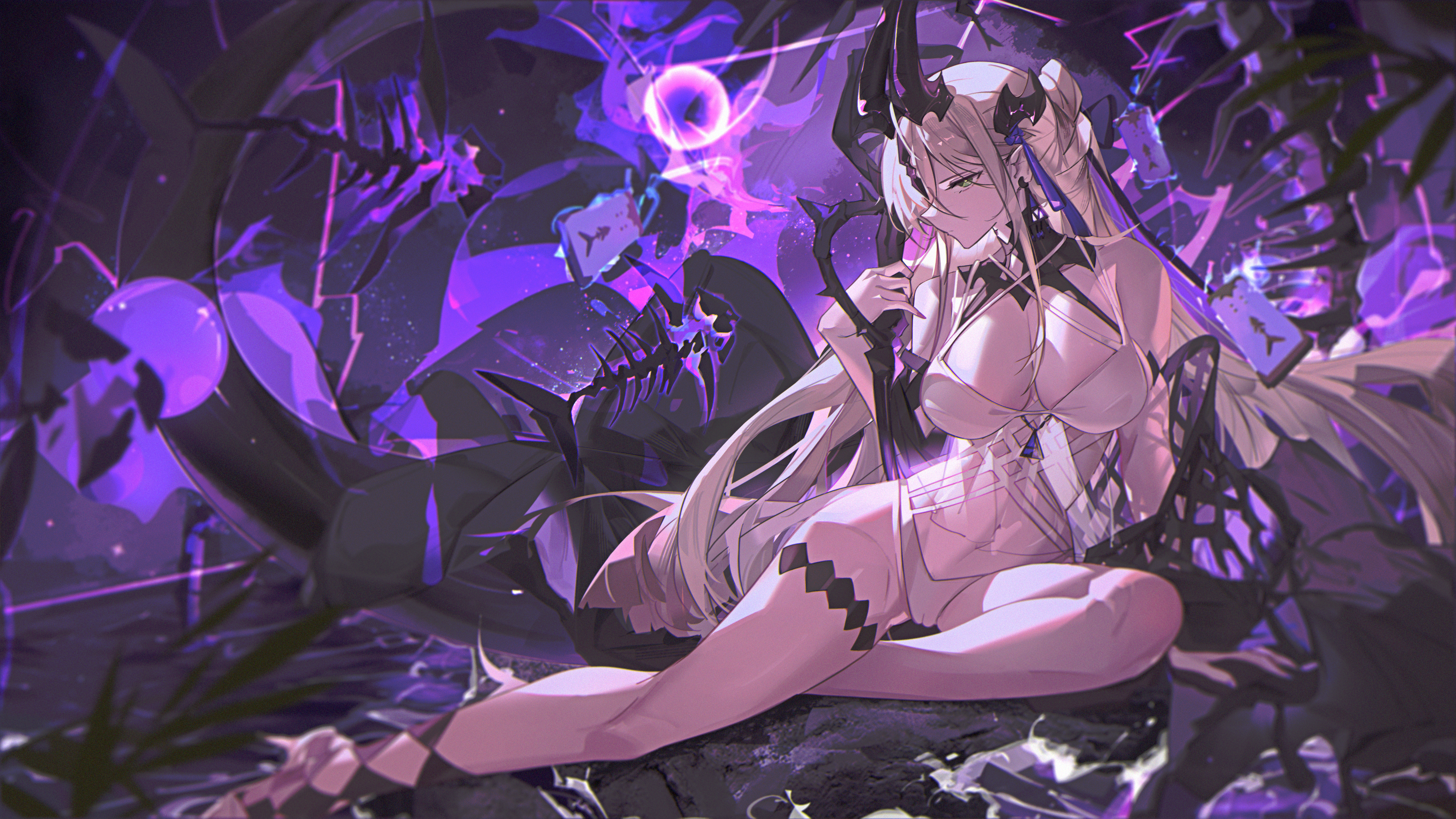 krao, necrass (arknights), necrass (summer flowers) (arknights), arknights, absurdres, highres, 1girl, bikini, breasts, dragon girl, dragon horns, dragon tail, fire, fish skeleton, flame-tipped tail, green eyes, high heels, horns, large breasts, long hair, lying, navel, official alternate costume, on side, pointy ears, solo, stomach, swimsuit, tail, thigh strap, thighs, very long hair, white bikini, white hair