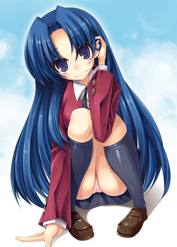 ichijou hitoshi, kawashima ami, toradora!, 00s, blue eyes, blue hair, long hair, panties, pink panties, school uniform, solo, squatting, underwear