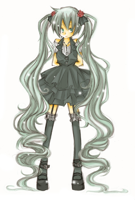 sakuragi rin, hatsune miku, vocaloid, 1girl, aqua eyes, aqua hair, cross, female focus, flower, frills, garter straps, jewelry, long hair, necklace, pleated skirt, skirt, solo, thighhighs, twintails