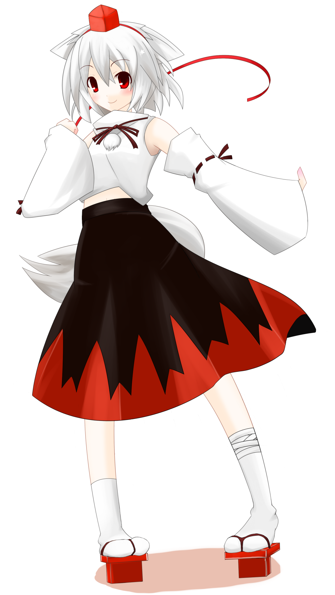 akariya tei, inubashiri momiji, touhou, silver hair, highres, 1girl, animal ears, detached sleeves, female focus, full body, geta, hat, midriff, red eyes, simple background, skirt, solo, tabi, tail, wolf ears, wolf tail