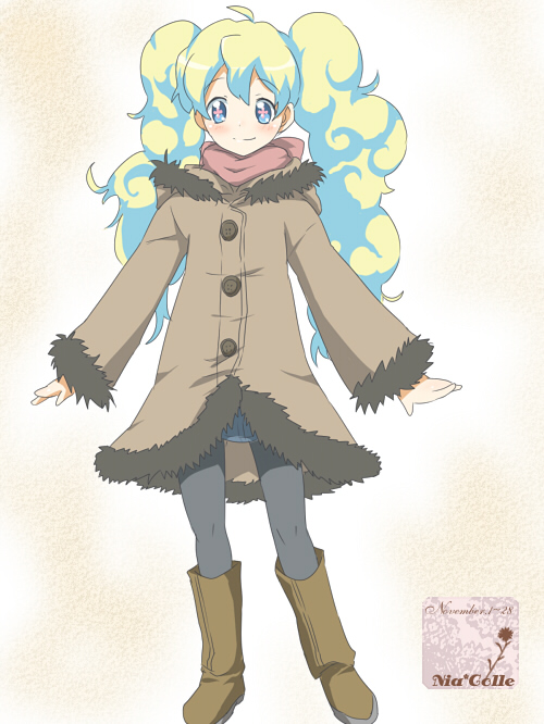 maruki (punchiki), nia teppelin, tengen toppa gurren lagann, bad id, bad pixiv id, 00s, boots, child, curly hair, jacket, pantyhose, scarf, solo