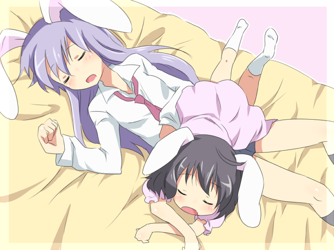 maruki (punchiki), inaba tewi, reisen udongein inaba, touhou, bad id, bad pixiv id, 2girls, animal ears, bed sheet, black hair, crossed arms, dress, dress shirt, feet, female focus, girl on top, long hair, lying, multiple girls, necktie, on back, on stomach, open mouth, pink dress, purple hair, rabbit ears, shirt, short hair, sleeping, socks