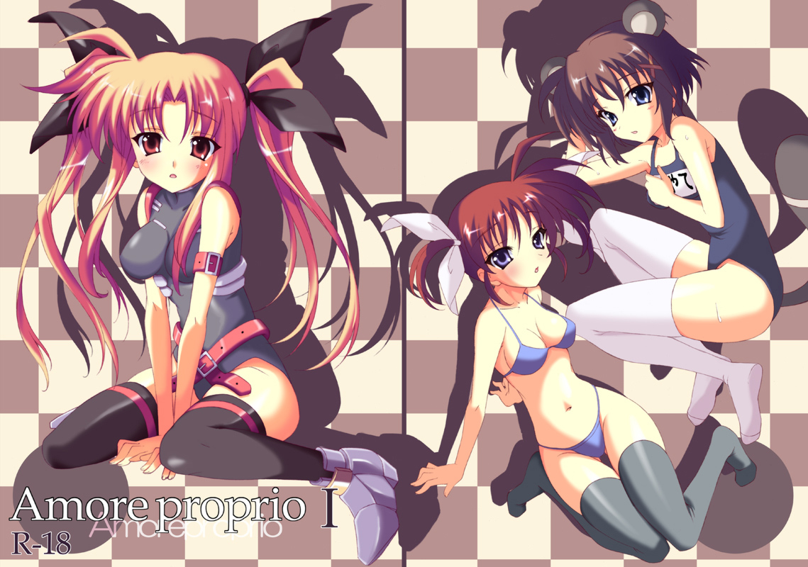 hayakawa harui, fate testarossa, fate testarossa (true sonic form), takamachi nanoha, yagami hayate, lyrical nanoha, mahou shoujo lyrical nanoha, mahou shoujo lyrical nanoha a's, 00s, animal ears, bikini, one-piece swimsuit, raccoon ears, school swimsuit, swimsuit, thighhighs