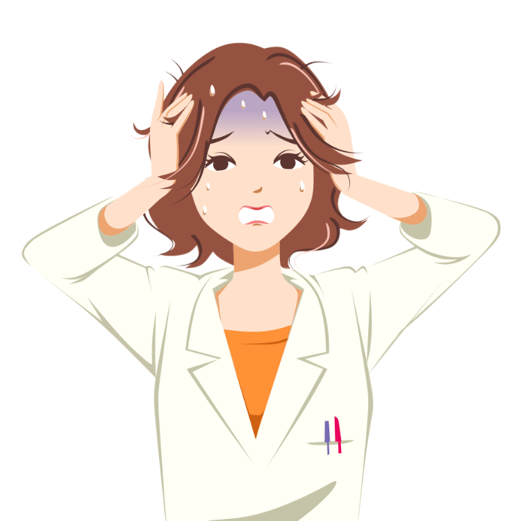tamada masao, miki (asken), asken, official art, 1girl, arms up, brown eyes, brown hair, coat, forehead, furrowed brow, hands on own head, lab coat, long sleeves, looking at viewer, messy hair, nervous sweating, open mouth, orange shirt, parted bangs, peanut mouth, pen, raised inner eyebrows, shirt, short hair, simple background, solo, sweat, turn pale, upper body, wavy hair, white background, white coat