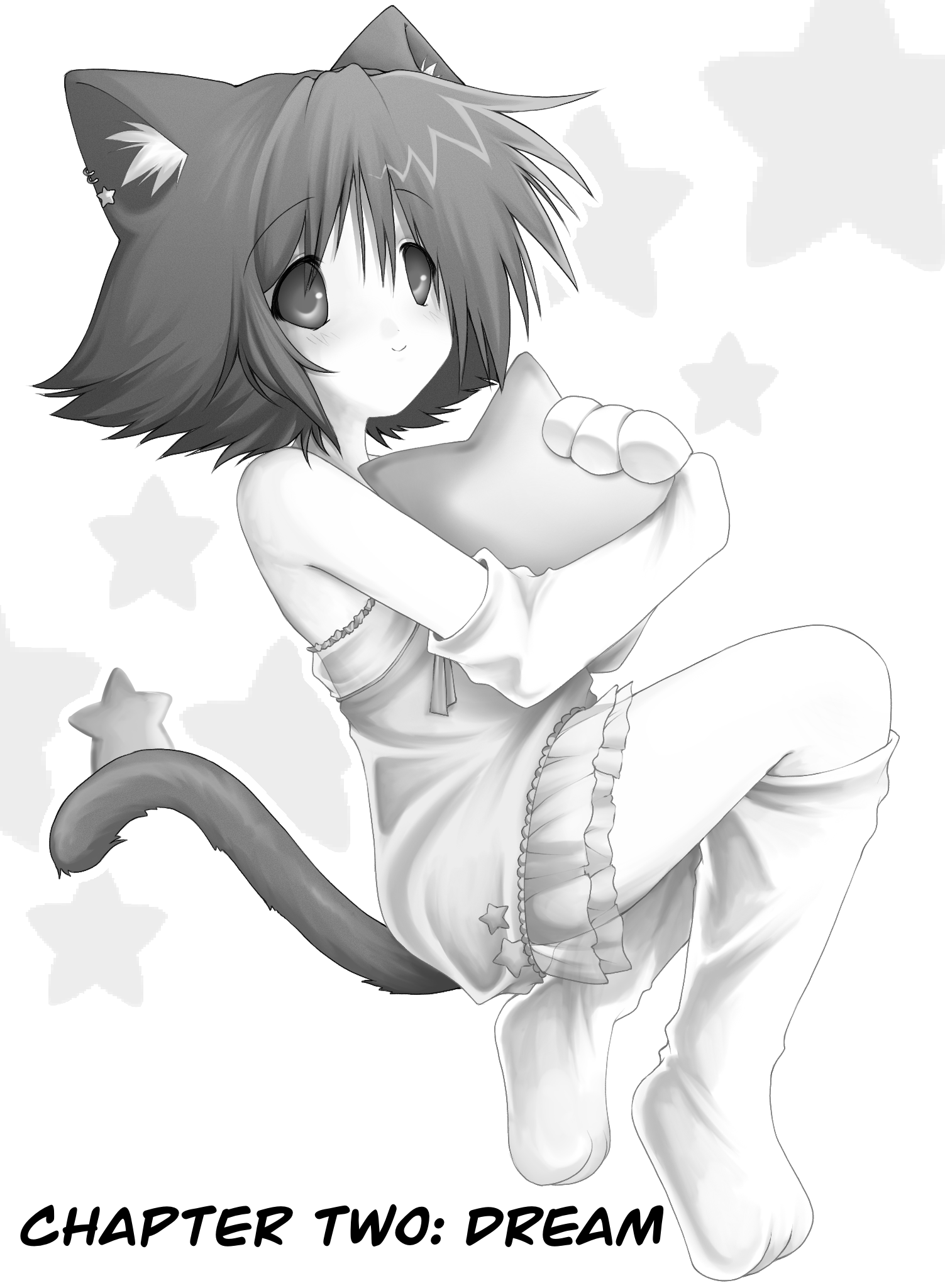 ponymoe, highres, 1girl, 2000s (style), animal ears, animal hands, cat girl, cat tail, faux retro artstyle, gloves, greyscale, magi stop, magical girl, monochrome, paw gloves, short hair, skirt, tail, tammy (magi stop), tareme