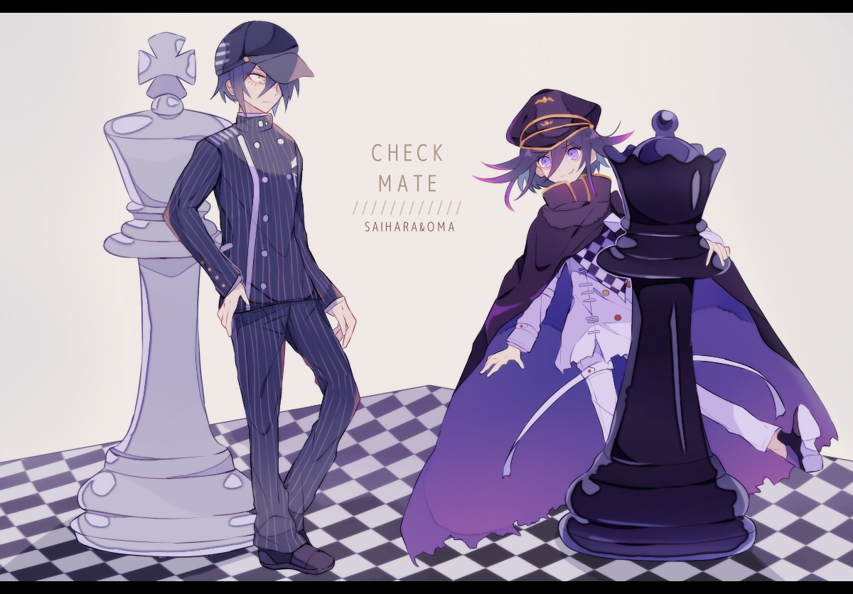 sakura (fein5862817), oma kokichi, saihara shuichi, danganronpa (series), danganronpa v3: killing harmony, commentary request, 2boys, aegyo sal, arm belt, baseball cap, belt, black border, black cloak, black hair, black hat, black jacket, black pants, black scarf, black shoes, border, breast pocket, buttons, character name, checkered clothes, checkered scarf, chess piece, chessboard, cloak, closed mouth, collared cloak, collared jacket, colored tips, crest, denim, double-breasted, dress pants, dress shoes, english text, expressionless, full body, gold buttons, grey background, hair between eyes, hair over one eye, hand on own hip, hat, high collar, jacket, jeans, layered sleeves, leaning back, letterboxed, light frown, long eyelashes, long hair between eyes, long sleeves, male focus, multicolored buttons, multicolored hair, multicolored shoes, multiple belts, multiple boys, open belt, oversized object, pants, peaked cap, pinstripe jacket, pinstripe pants, pinstripe pattern, pocket, pointy nose, purple cloak, purple eyes, purple hair, purple shoes, scarf, shoes, short hair, smirk, smug, thigh belt, thigh strap, torn clothes, torn jeans, torn pants, two-sided cloak, two-sided fabric, two-tone scarf, two-tone shoes, undershirt, white belt, white jacket, white pants, white scarf, wrist belt, yellow eyes