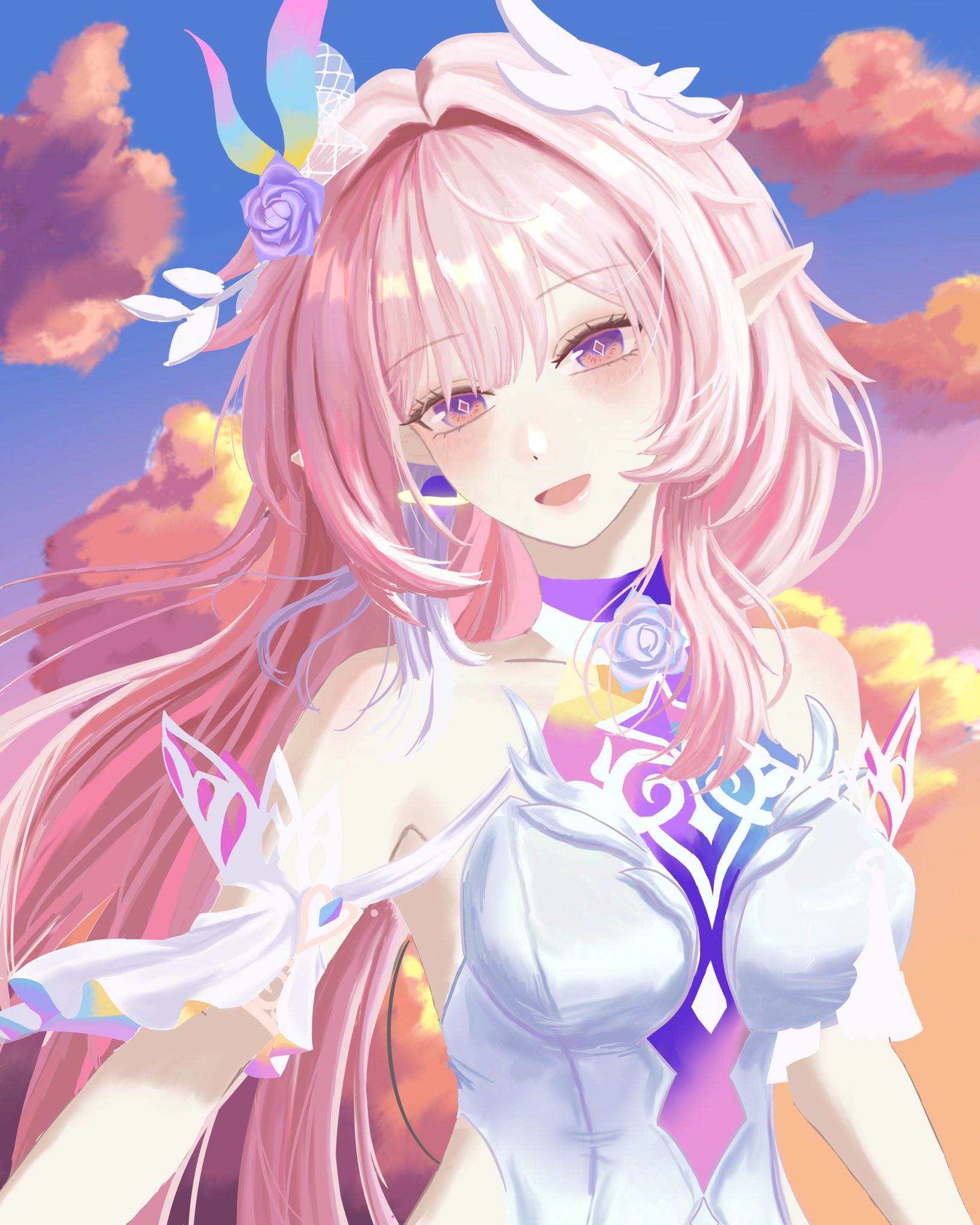 cyrene (honkai: star rail), cyrene (ripples of past reverie) (honkai: star rail), honkai: star rail, honkai (series), hashtag-only commentary, highres, revision, 1girl, bare shoulders, blue sky, breasts, cloud, diamond-shaped pupils, diamond (shape), dress, flower, hair flower, hair ornament, large breasts, long hair, looking at viewer, multicolored hair, pink hair, pointy ears, purple eyes, sky, smile, solo, symbol-shaped pupils, two-tone hair, upper body, very long hair, white dress, white hair, x artzin