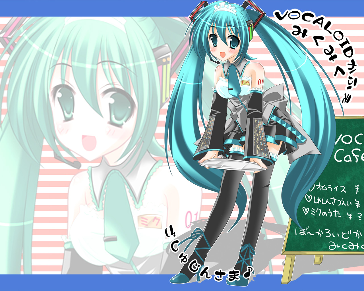 nanaroba hana, hatsune miku, vocaloid, translated, 1girl, :d, aqua eyes, aqua hair, blush, cafe, chalkboard, detached sleeves, female focus, frills, happy, headset, high heels, long hair, maid, maid cafe, maid headdress, menu board, name tag, necktie, open mouth, ribbon, shoes, skirt, smile, solo, thighhighs, tray, twintails, waitress, zettai ryouiki