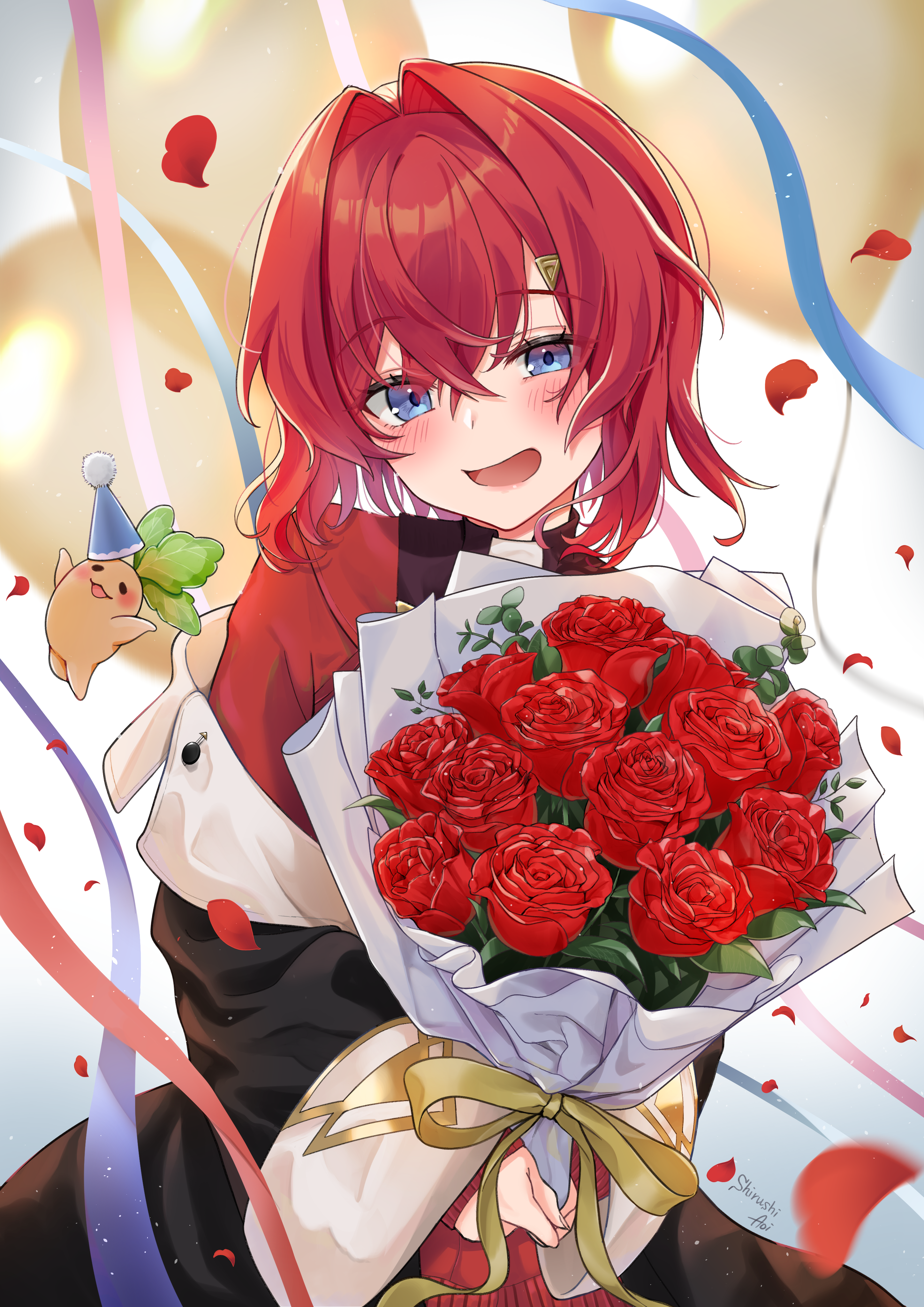 konatsu miki, ange katrina, ange katrina (1st costume), mandragora (ange katrina), nijisanji, absurdres, commentary request, highres, textless version, 1girl, artist name, balloon, birthday, black coat, blue eyes, blush, bouquet, cardigan, character name, coat, crossed bangs, falling petals, flower, hair between eyes, hair intakes, hair ornament, hat, holding, holding bouquet, lips, looking at viewer, medium hair, off shoulder, open mouth, party hat, petals, red cardigan, red flower, red hair, red petals, red rose, ribbon, rose, sleeves past wrists, smile, solo, streamers, triangle hair ornament, upper body, virtual youtuber, yellow ribbon
