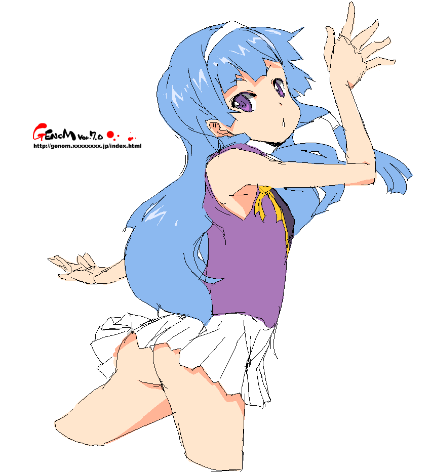 onija tarou, nagi, kannagi, 00s, 1girl, ass, blue hair, blunt bangs, female focus, hairband, long hair, oekaki, pleated skirt, purple eyes, simple background, skirt, solo, watermark, web address, white background, white skirt