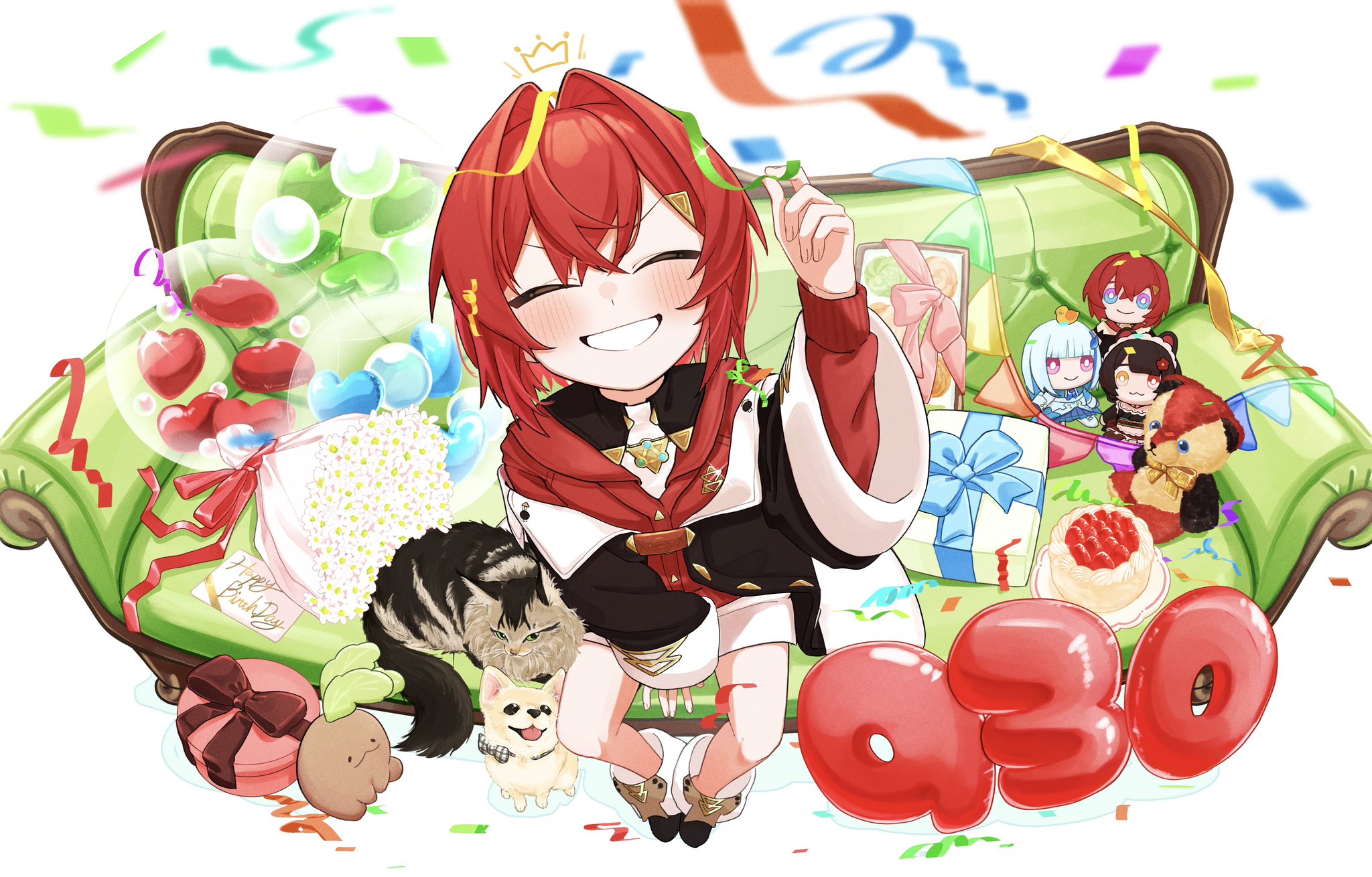 3znk, ange katrina, ange katrina (1st costume), inui toko, inui toko (1st costume), lize helesta, lize helesta (1st costume), mandragora (ange katrina), sebastian piyodore, nijisanji, commentary request, flower request, highres, 1girl, ^ ^, ankle boots, arm support, arm up, birthday, black boots, black coat, blurry, blush, boots, bouquet, box, brown cat, bunting, cake, cardigan, character doll, closed eyes, coat, collared dress, couch, crossed bangs, dated, depth of field, doll, double-parted bangs, drawn crown, dress, fisheye, flower, food, full body, gift, gift box, grin, hair intakes, hair ornament, happy birthday, head tilt, long sleeves, looking at viewer, looking up, number balloon, off shoulder, on couch, red cardigan, red hair, short dress, short hair, sitting, smile, solo focus, streamers, stuffed animal, stuffed toy, teddy bear, triangle hair ornament, v-shaped eyebrows, virtual youtuber, white background, white dress, white flower, yellow dog