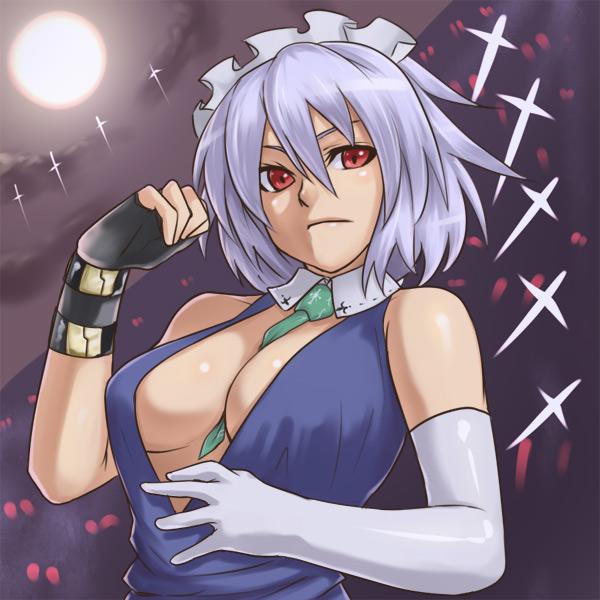 houtengeki, izayoi sakuya, touhou, 1girl, asymmetrical gloves, breasts, cleavage, elbow gloves, female focus, fingerless gloves, gloves, green necktie, hair between eyes, necktie, outdoors, red eyes, short hair, sky, solo, uneven gloves, upper body