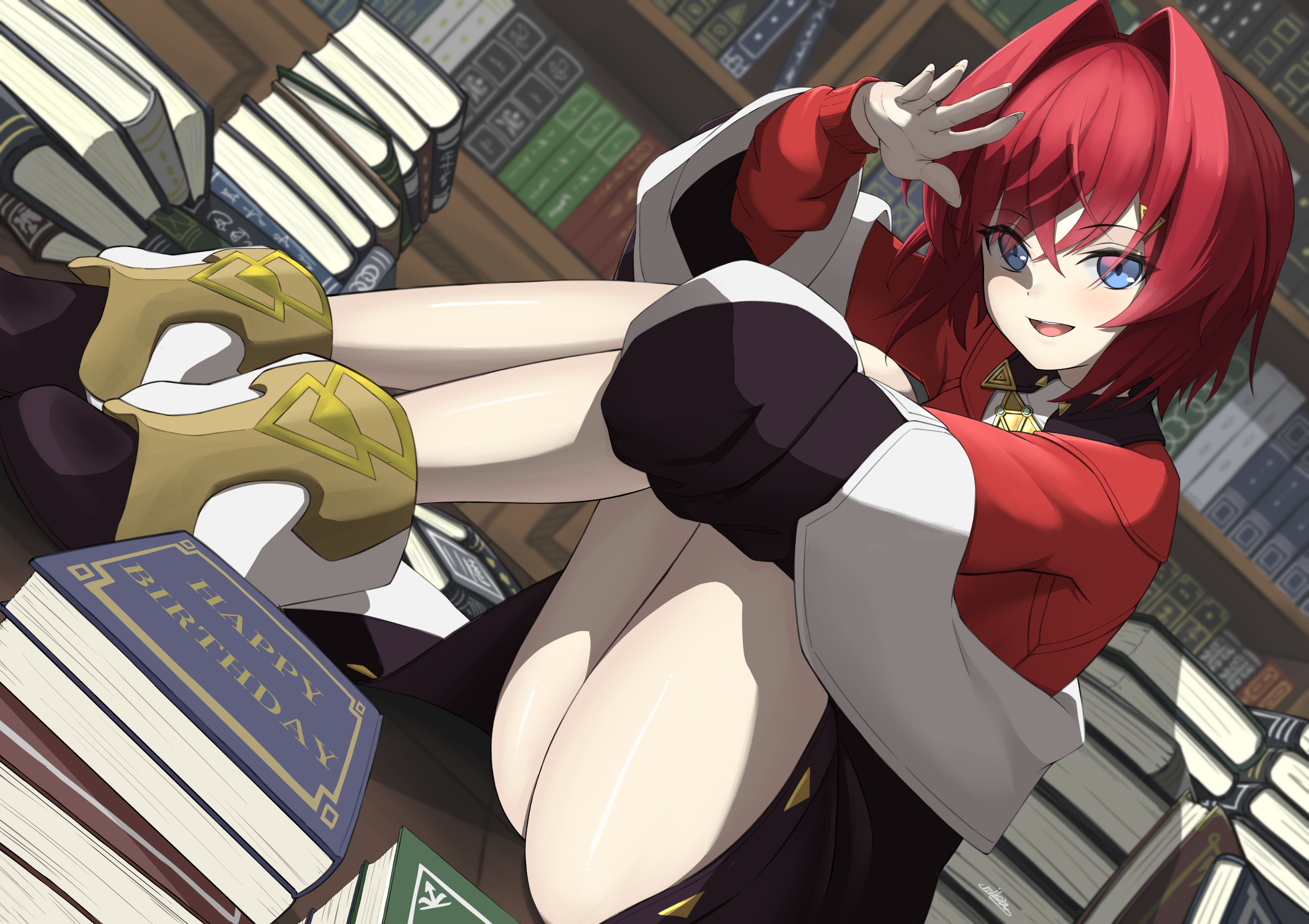 ange katrina, ange katrina (1st costume), nijisanji, absurdres, commentary request, highres, 1girl, :d, ankle boots, arm up, bare legs, black boots, black coat, blue eyes, book, book stack, bookshelf, boots, cardigan, coat, crossed bangs, dutch angle, english text, fingernails, full body, gradient eyes, hair intakes, hair ornament, happy birthday, indoors, knees up, light blush, long fingernails, long sleeves, looking at viewer, medium hair, mikera 05 27, multicolored eyes, off shoulder, on floor, open mouth, pink eyes, red cardigan, red hair, shading eyes, shiny skin, signature, sitting, smile, solo, teeth, triangle hair ornament, upper teeth only, virtual youtuber