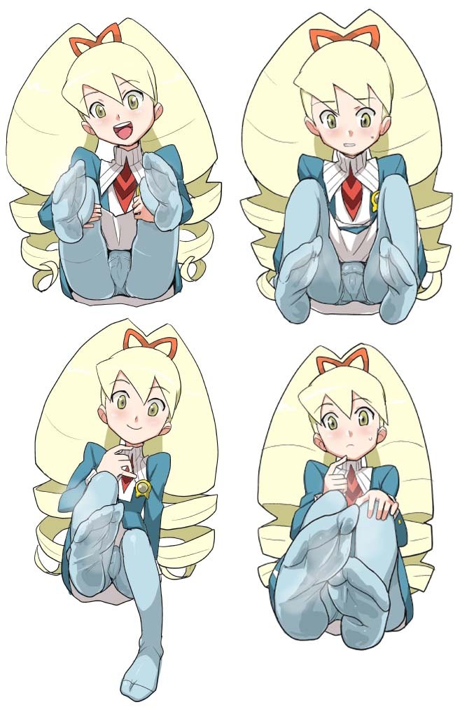heriyama, luna platz (mega man), capcom, mega man (series), mega man star force (series), bad id, bad pixiv id, 00s, 1girl, big hair, blonde hair, blue pantyhose, drill hair, feet, long hair, panties, panties under pantyhose, pantyhose, underwear, upskirt