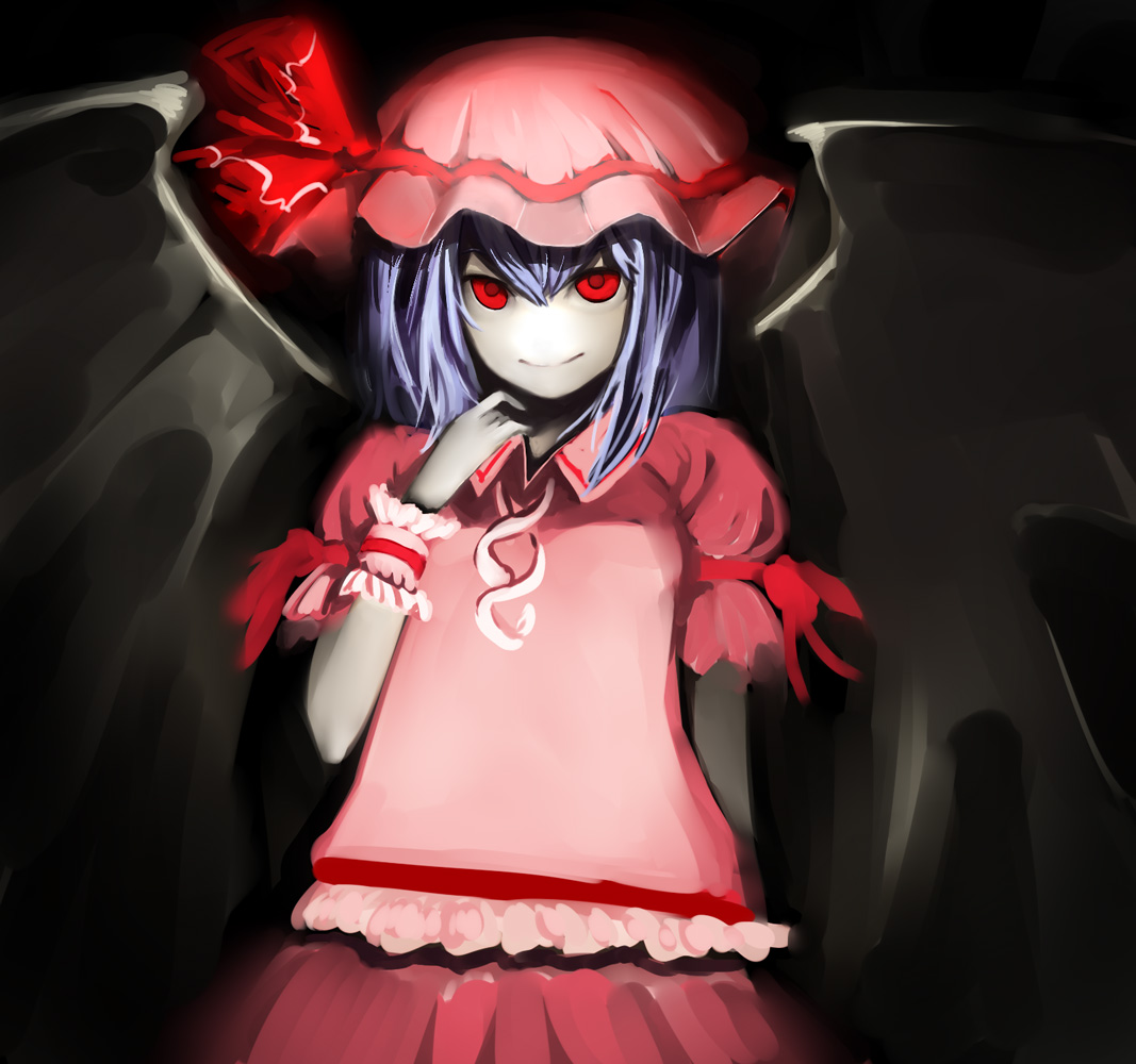 hama (22ji kara 24ji), remilia scarlet, touhou, 1girl, bat wings, blue hair, blunt bangs, blush, cowboy shot, female focus, finger to mouth, frills, hat, looking at viewer, mob cap, puffy short sleeves, puffy sleeves, red eyes, short sleeves, solo, wings, wrist cuffs