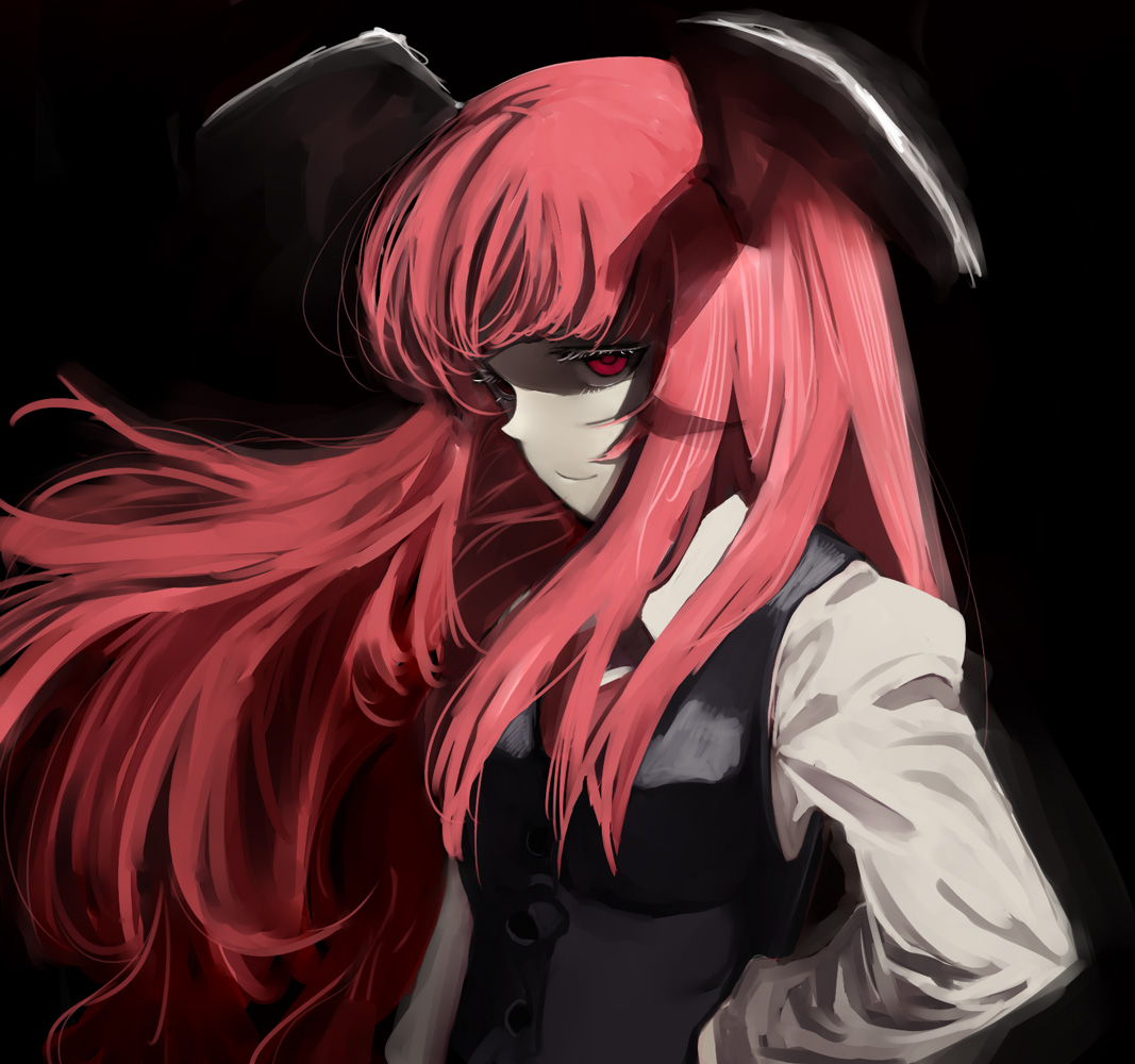 hama (22ji kara 24ji), koakuma, embodiment of scarlet devil, touhou, 1girl, female focus, gradient background, head wings, long hair, red eyes, red hair, solo, wings