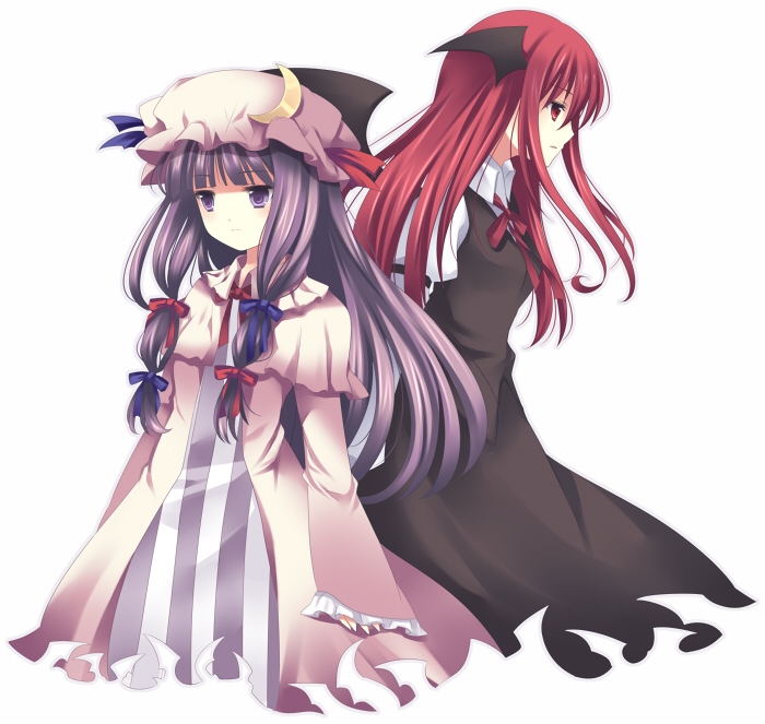 takase kanan, koakuma, patchouli knowledge, embodiment of scarlet devil, touhou, 2girls, bat wings, bow, crescent, crescent hat ornament, female focus, hair bow, hat, hat ornament, head wings, long hair, multiple girls, multiple hair bows, purple eyes, purple hair, red eyes, red hair, wings