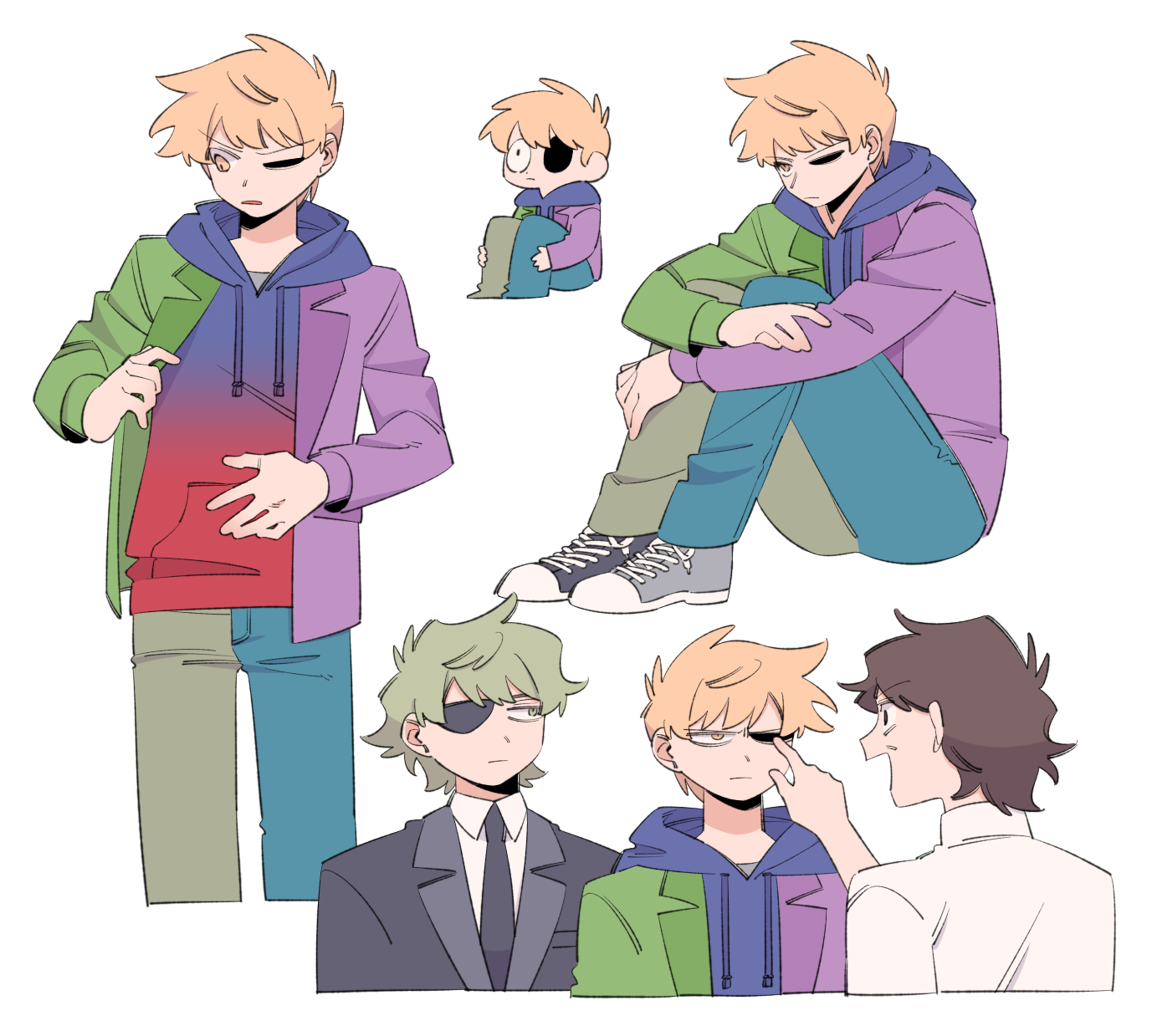 mjsc 10, edd (eddsworld), matt (eddsworld), tom (eddsworld), eddsworld, commentary request, highres, 3boys, :d, antenna hair, aqua pants, black eyes, black jacket, black necktie, black sclera, blue hoodie, brown hair, christopher bingbong (eddsworld), closed mouth, collared shirt, colored sclera, cropped legs, cropped torso, drawstring, eye contact, eyepatch, face-to-face, frown, full body, fusion, gradient clothes, gradient hoodie, green hair, green jacket, grey pants, hand up, hood, hood down, hoodie, hugging own legs, jacket, jacket over hoodie, knees up, lapels, larry (eddsworld), long sleeves, looking at another, mismatched sclera, multicolored jacket, multiple boys, necktie, notched lapels, one eye covered, open clothes, open jacket, open mouth, pants, parted lips, pocket, profile, purple jacket, red hoodie, shirt, short hair, simple background, sitting, smile, standing, tord (eddsworld), two-tone hoodie, two-tone jacket, two-tone pants, v-shaped eyebrows, very short hair, white background, white shirt, yellow eyes