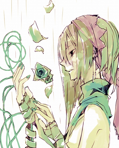 ak (artist), original, bad id, bad pixiv id, lowres, bandages, earrings, flower, hairband, jewelry, nail polish, rose, scarf, solo, tears, topless female