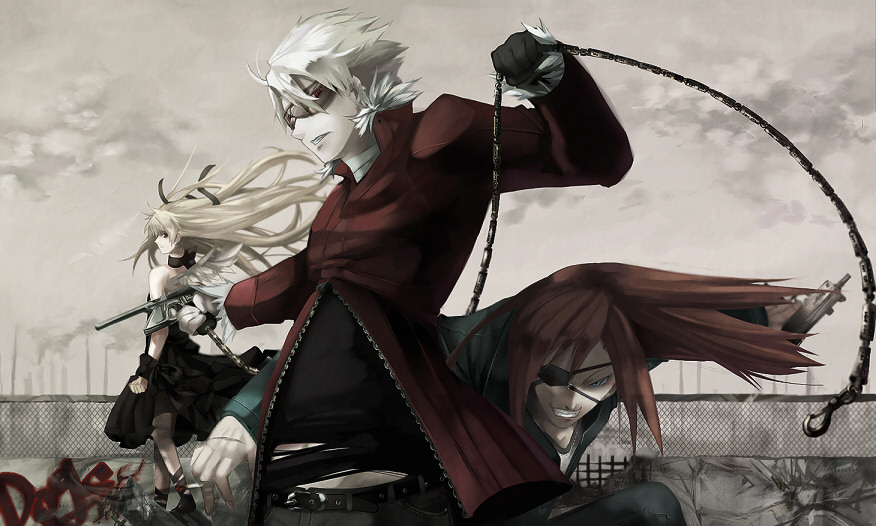 kz-kura, badou nails, haine rammsteiner, nill, dogs: bullets & carnage, bad id, bad pixiv id, 1girl, 2boys, blonde hair, chain, eyepatch, glasses, gun, handgun, long hair, mauser c96, multiple boys, skyline, urban, weapon, white hair, wings