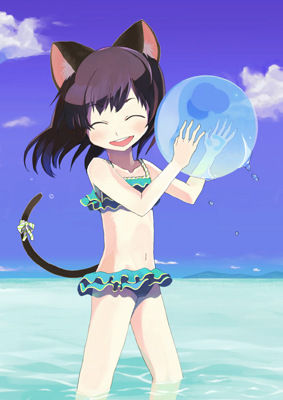 shuzoku fumei, original, bad id, bad pixiv id, 1girl, animal ears, ball, beachball, bikini, black hair, blush, cat ears, cat girl, cat tail, closed eyes, cloud, day, female focus, frilled bikini, frills, ocean, outdoors, ribbon, ruffle bikini, sky, smile, solo, swimsuit, tail, tail ornament, tail ribbon, tankini, transparent, wading, water
