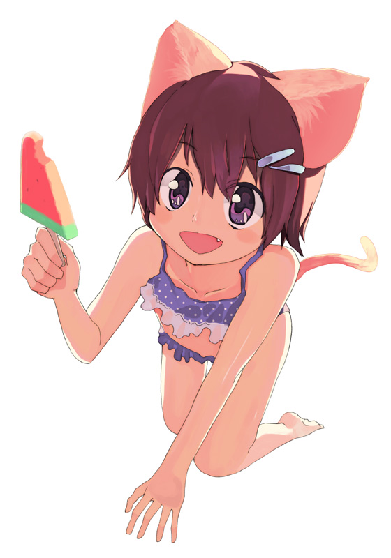 shuzoku fumei, animal ears, bikini, bikini top only, brown hair, cat ears, fang, food, fruit, hair ornament, hairclip, popsicle, purple eyes, swimsuit, watermelon, watermelon bar