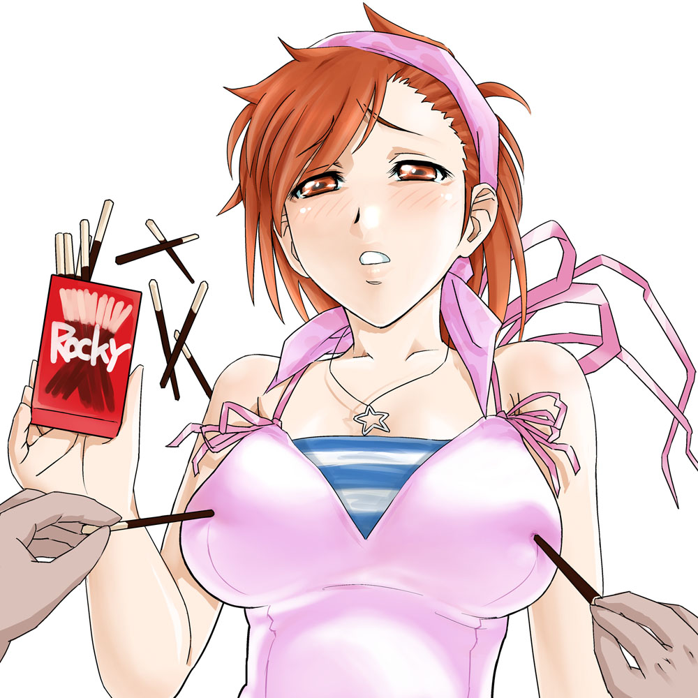 sato iori, tanigawa yuzu, devil survivor (series), devil survivor 1, 1girl, bandana, blush, breasts, camisole, female focus, food, jewelry, large breasts, matching hair/eyes, necklace, orange eyes, orange hair, pocky, poking, poking another's breast, ribbon, solo, star (symbol)