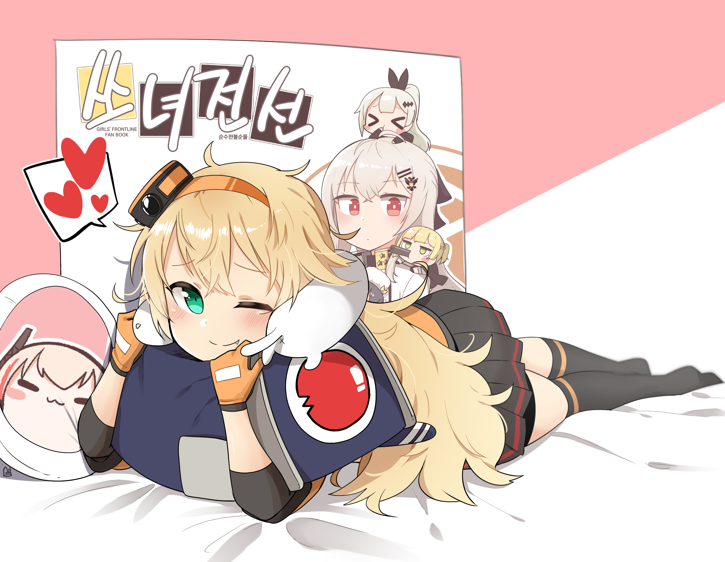 junsuina fujunbutsu, dinergate (girls' frontline), five-seven (girls' frontline), iws 2000 (girls' frontline), m4 sopmod ii (girls' frontline), m4 sopmod ii jr, s.a.t.8 (girls' frontline), welrod mkii (girls' frontline), girls' frontline, highres, > <, 5girls, action camera, bed sheet, black bow, black skirt, blonde hair, blush, bow, chibi, chibi inset, ferret, gloves, green eyes, hair ornament, hairband, hand up, heart, hugging doll, hugging object, kneehighs, long hair, looking at viewer, lying, messy hair, miniskirt, multiple girls, on bed, on side, orange gloves, orange hairband, pleated skirt, red eyes, skirt, smile, socks, solo, spoken heart, stuffed toy, very long hair, video camera, white hair