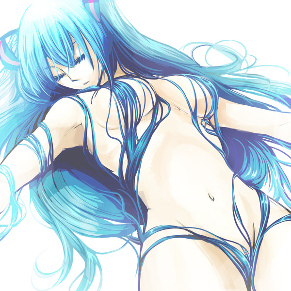 zakki, hatsune miku, vocaloid, bad id, bad pixiv id, 1girl, armpits, blue hair, breasts, censored, closed eyes, completely nude, convenient censoring, female focus, hair bikini, hair censor, hair over breasts, long hair, navel, nude, sleeping, solo, very long hair