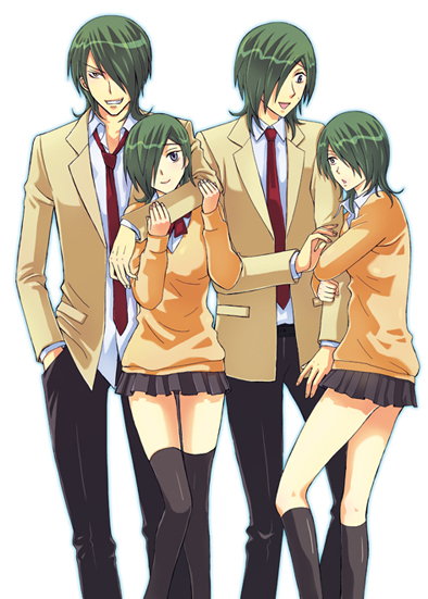 allelujah haptism, hallelujah haptism, gundam, gundam 00, 00s, 2boys, 2girls, bow, breasts, genderswap, genderswap (mtf), green hair, grey eyes, hug, large breasts, multiple boys, multiple girls, school uniform, short hair, skirt, smile, sweater, thighhighs, yellow eyes