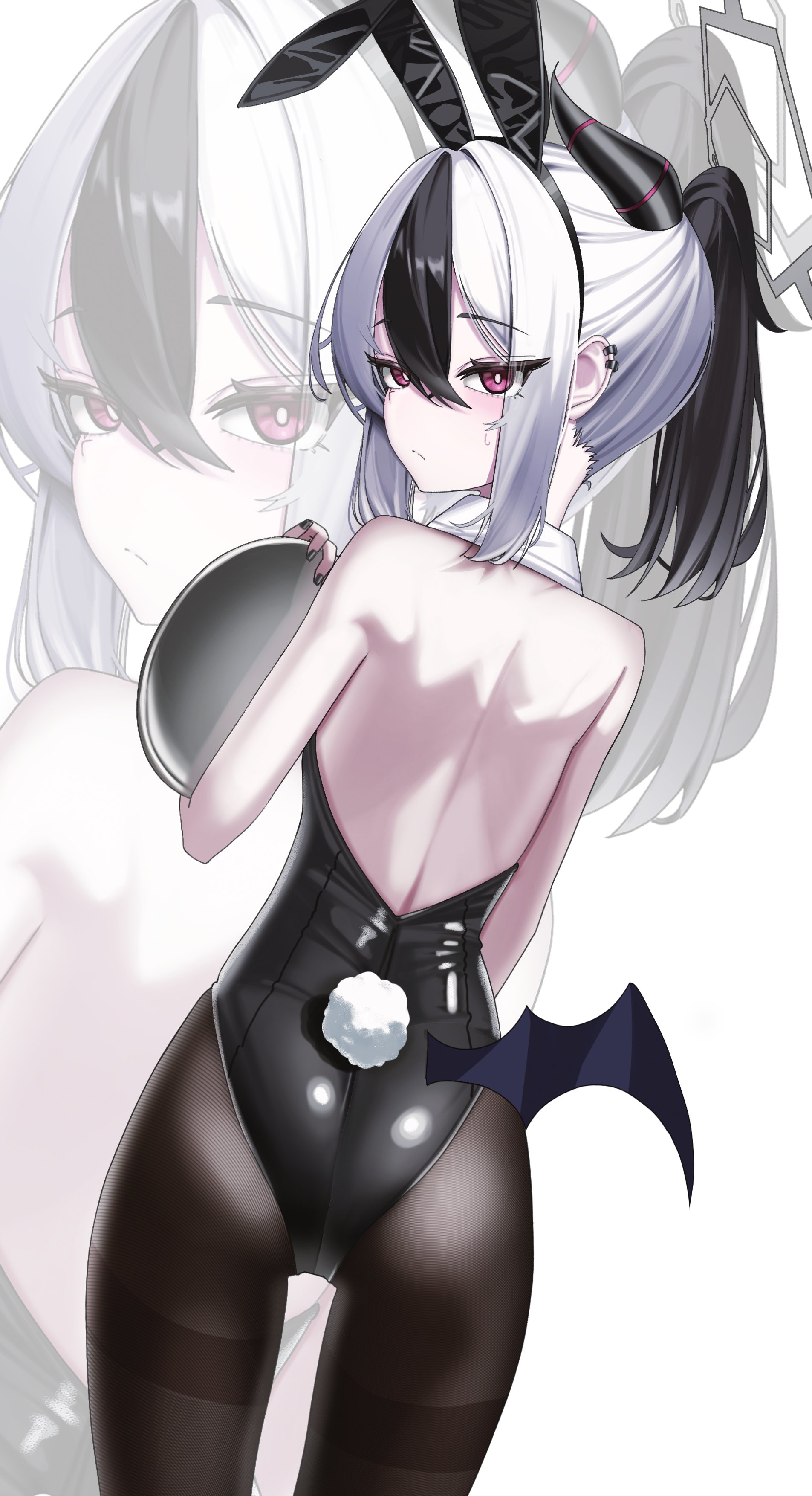 marks (dmhunsu10), kayoko (blue archive), blue archive, absurdres, highres, 1girl, alternate costume, animal ear hairband, animal ears, bare shoulders, black hair, black hairband, black leotard, black pantyhose, demon girl, demon wings, fake animal ears, hairband, leotard, looking at viewer, multicolored hair, pantyhose, playboy bunny, rabbit ear hairband, rabbit ears, red eyes, solo, two-tone hair, white background, white hair, wings