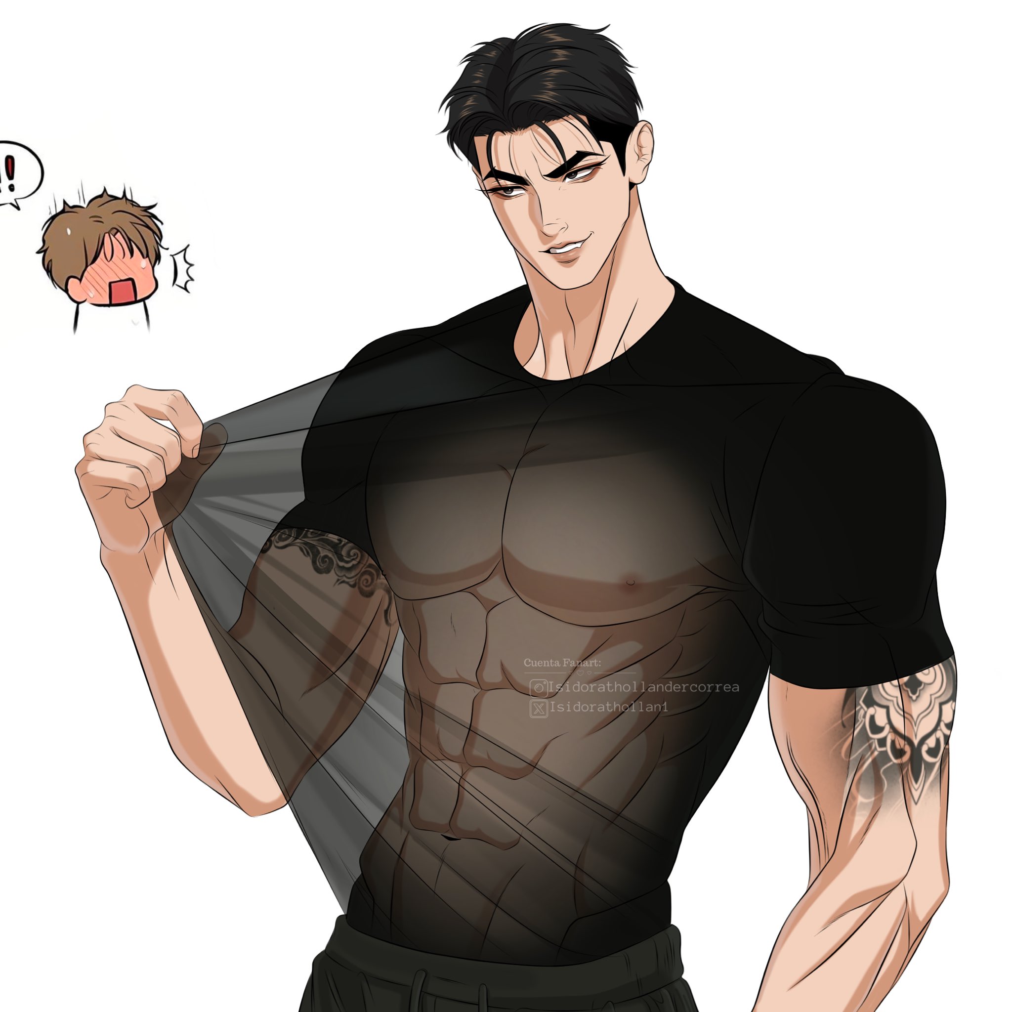 isidorathollan1, joo jaekyung, kim dan, jinx (manhwa), highres, !, 2boys, abs, arm tattoo, bara, black eyes, black hair, black shirt, blush, chibi, chibi inset, clothes pull, large pectorals, male focus, multiple boys, muscular, muscular male, nipples, pectorals, see-through clothes, shirt, shirt pull, short hair, tattoo, toned, white background