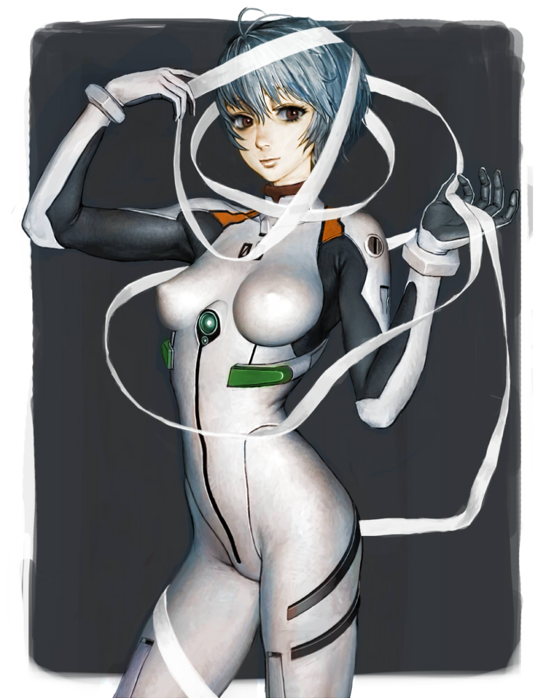 nagara-ya, ayanami rei, neon genesis evangelion, untied, 1girl, antenna hair, bandages, black background, blue hair, bodysuit, bracer, breasts, breasts apart, covered erect nipples, cowboy shot, female focus, from side, gem, gloves, light smile, looking at viewer, mecha pilot suit, plugsuit (evangelion), red eyes, short hair, simple background, skin tight, skinny, slender, smile, solo, standing, turtleneck, untying