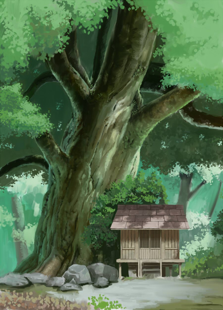 nagara-ya, studio ghibli, tonari no totoro, 1980s (style), day, forest, nature, no humans, oldschool, outdoors, retro artstyle, rock, scenery, shrine, tree