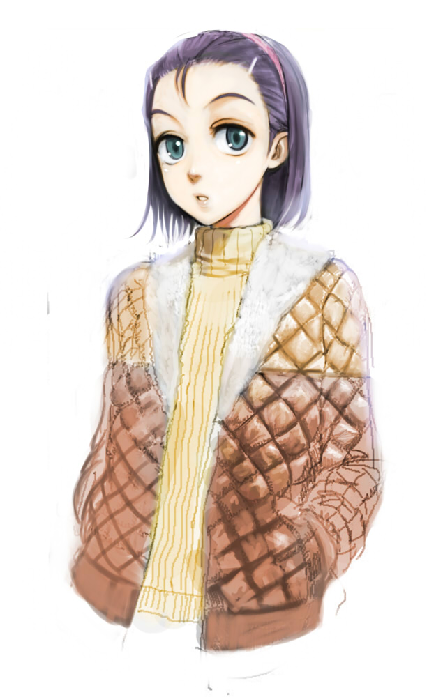 nagara-ya, ninamori eri, flcl, 00s, 1girl, alternate hairstyle, blue eyes, bob cut, female focus, forehead, hairband, hand in pocket, jacket, purple hair, short hair, solo, turtleneck