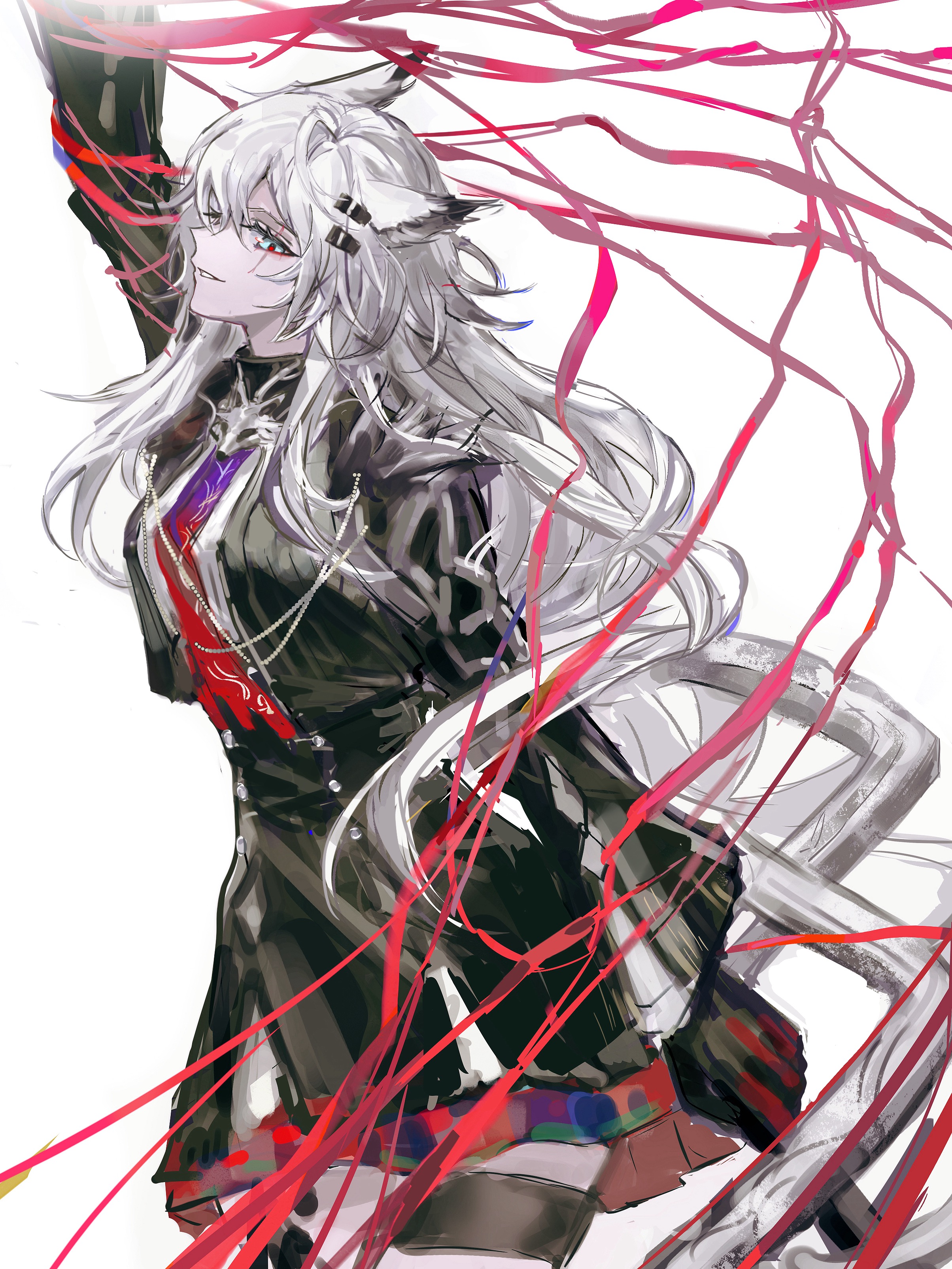 zhishi mao tiao, lappland (arknights), lappland the decadenza (arknights), arknights, absurdres, highres, 1girl, aiguillette, animal ears, arm up, black gloves, black jacket, black skirt, blue eyes, bolo tie, cowboy shot, gloves, hair ornament, hairclip, holding, jacket, long hair, long sleeves, looking at viewer, magic, material growth, oripathy lesion (arknights), outstretched arm, parted lips, profile, red pupils, scar, scar across eye, scar on face, simple background, skirt, smile, solo, standing, thigh strap, white background, white hair, wolf ears, wolf girl