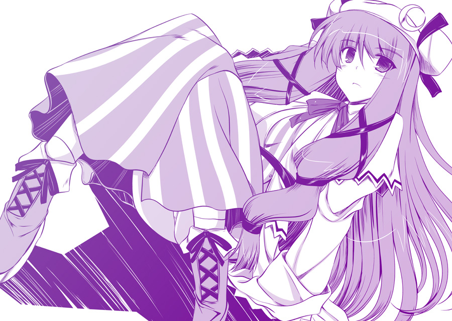 ibuki pon, patchouli knowledge, touhou, bad id, bad pixiv id, 1girl, alternate hairstyle, blush, boots, bow, capelet, crescent, crescent hat ornament, dress, female focus, hair ribbon, hat, hat ornament, lace-up boots, long hair, long sleeves, looking at viewer, monochrome, panties, pantyshot, purple theme, ribbon, simple background, sitting, socks, solo, striped clothes, striped dress, underwear, very long hair, white background