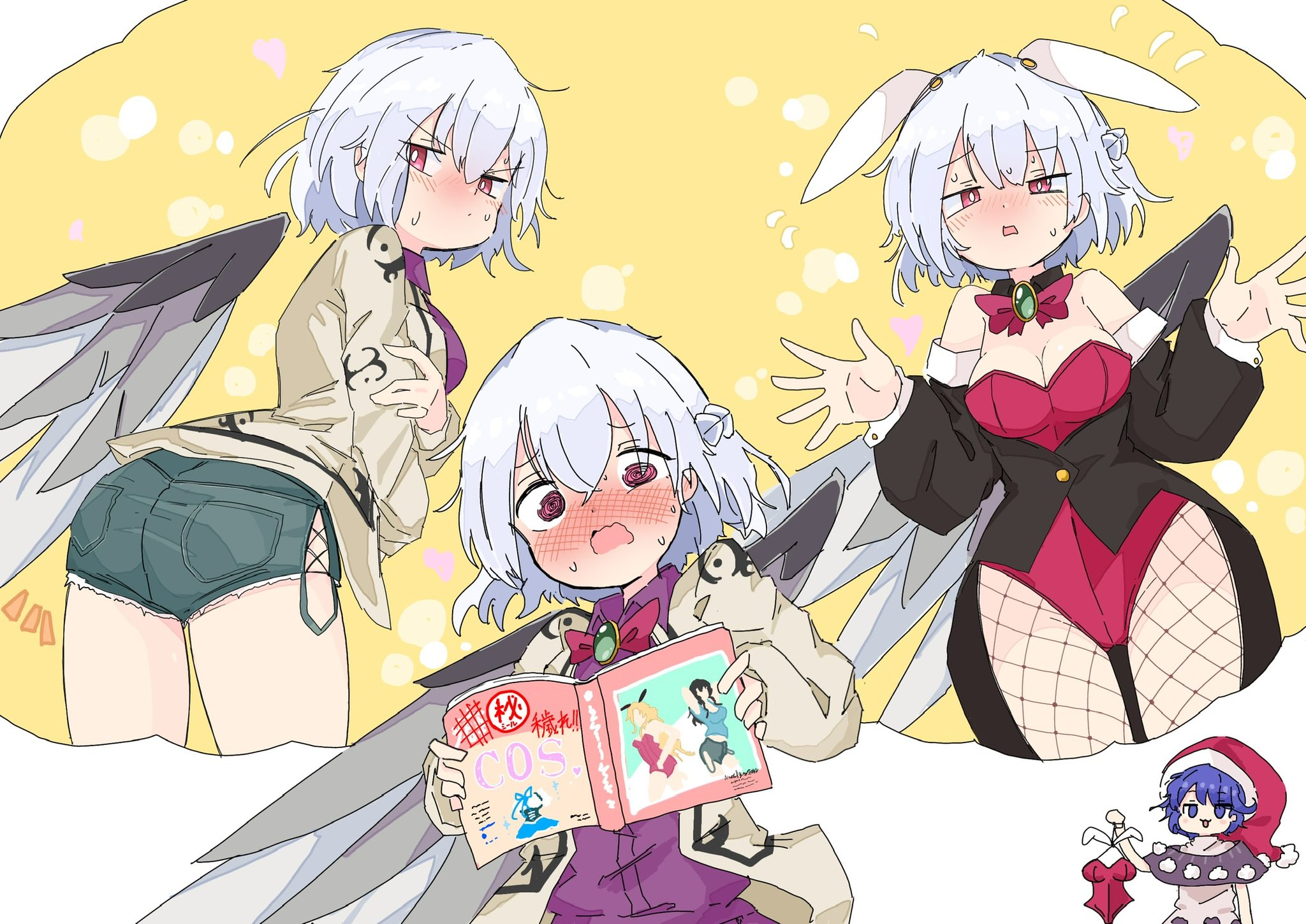 tatutaniyuuto, doremy sweet, kishin sagume, touhou, highres, animal ears, blush, book, breasts, chibi, cleavage, cosplay, fishnets, multiple views, rabbit ears, red eyes, short hair, sweatdrop, white hair, wings, yellow background