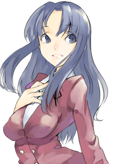 mikage sekizai, kawashima ami, toradora!, 00s, 1girl, :d, blue eyes, blue hair, blush, breasts, buttons, female focus, hand on own chest, large breasts, long sleeves, looking up, matching hair/eyes, open mouth, parted lips, school uniform, simple background, smile, solo, white background