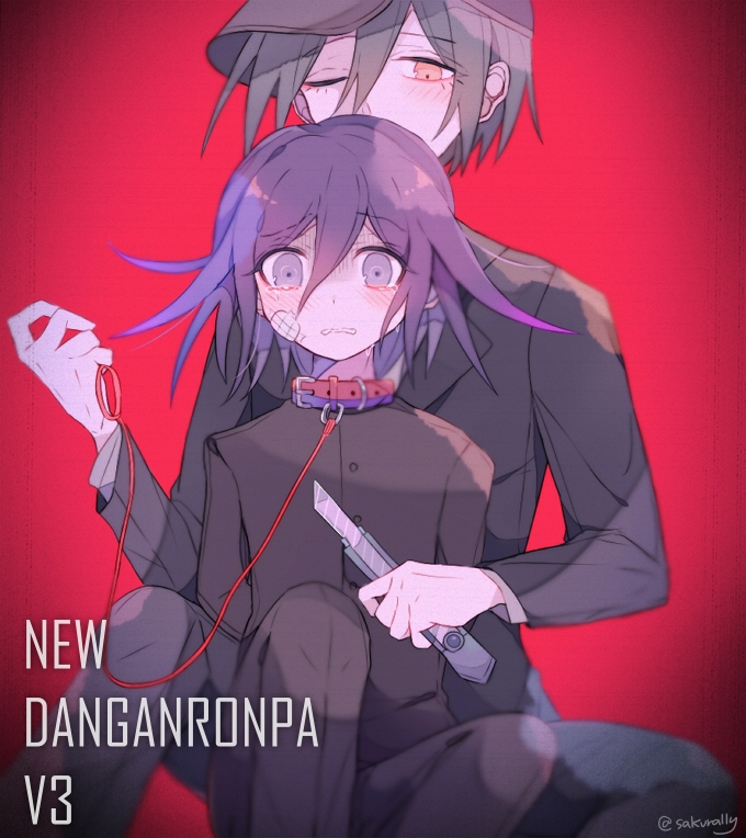 sakura (fein5862817), oma kokichi, saihara shuichi, danganronpa (series), danganronpa v3: killing harmony, twitter, 2boys, aegyo sal, animal collar, arms behind back, bandaid, bandaid on cheek, bandaid on face, baseball cap, black hair, black hat, black jacket, black pants, blazer, bound, bound arms, boxcutter, buckle, buttons, collar, collared jacket, copyright name, covered mouth, crying, crying with eyes open, dot nose, dress pants, expressionless, feet out of frame, frown, gakuran, hair between eyes, hat, height difference, holding, holding boxcutter, holding leash, jacket, knees up, lapels, layered sleeves, leash, light blush, male focus, multiple boys, notched lapels, official alternate costume, one eye closed, open mouth, pants, purple hair, red background, red collar, scared, school uniform, shirt, short hair, simple background, sitting, teardrop, tears, vignetting, wavy mouth, white shirt, yandere, yaoi, yellow eyes