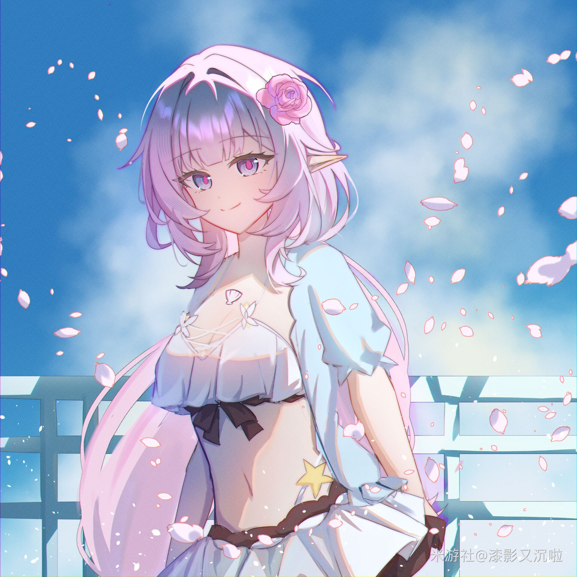 elysia (honkai impact), elysia (miss pink elf) (honkai impact), elysia (summer miss elf) (honkai impact), honkai (series), honkai impact 3rd, chinese commentary, commentary request, highres, 1girl, bikini, blue eyes, blue jacket, blue sky, breasts, cleavage, elf, falling petals, flower, hair flower, hair ornament, jacket, large breasts, long hair, miyoushe watermark, navel, official alternate costume, petals, pink hair, pointy ears, qi ying you chen la, sky, smile, solo, stomach, swimsuit, very long hair, watermark, white bikini