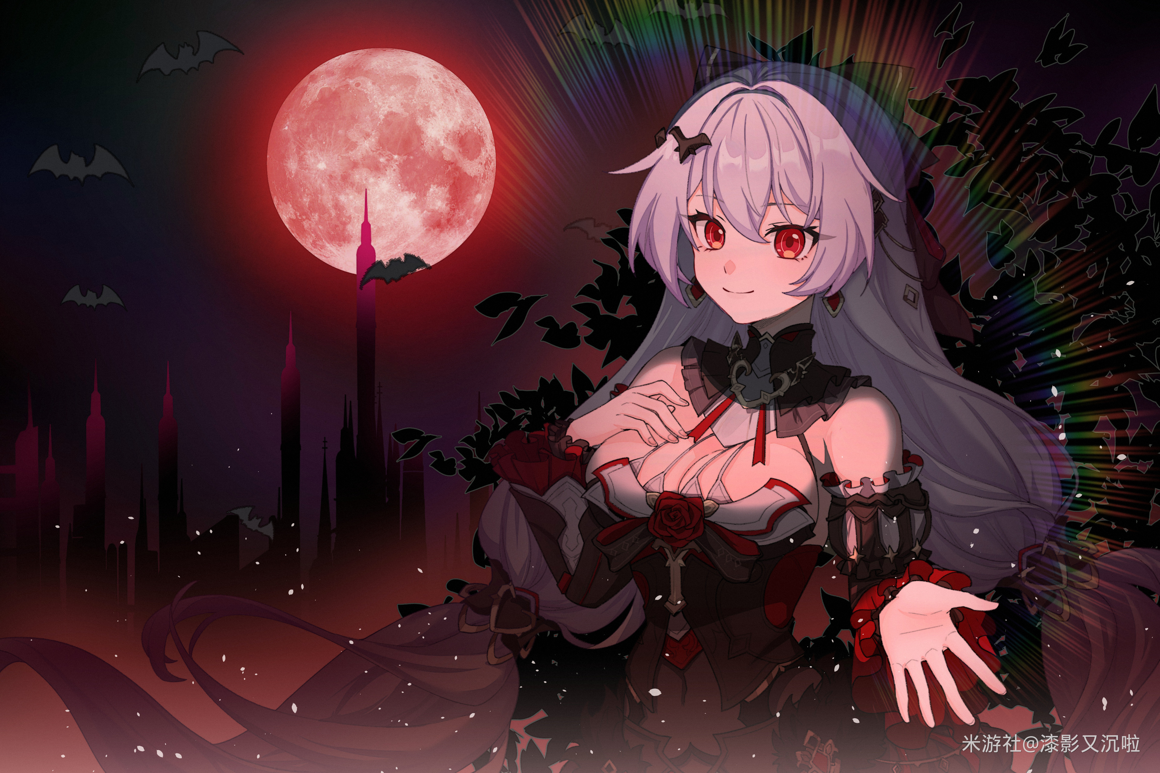 theresa apocalypse, theresa apocalypse (luna kindred), theresa apocalypse (lunar vow: crimson love), honkai (series), honkai impact 3rd, absurdres, chinese commentary, commentary request, highres, 1girl, bare shoulders, bat (animal), black dress, breasts, dress, earrings, full moon, jewelry, large breasts, long hair, looking at viewer, miyoushe watermark, moon, night, night sky, qi ying you chen la, red eyes, red moon, sky, smile, solo, very long hair, watermark, white hair